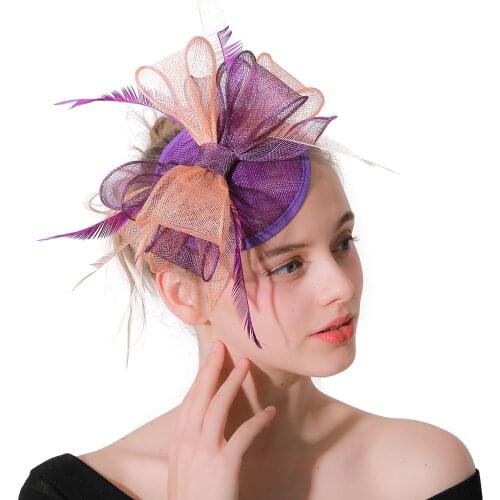 Champagne And Purple Bow Knot Sinamay Fascinators Kentucky With Feather Cocktail Hat Red Cocktail Wedding Headwear High Quality