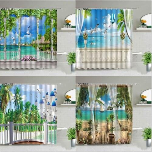 Ocean Beach Natural Scenery Shower Curtains Flowers Palm Tree Mediterranean Landscape Bathroom Decor Bathtub Screen With Hooks