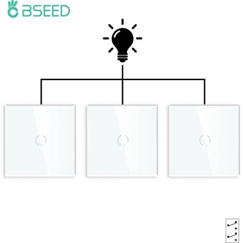 BSEED Glass Switches 3Packs Wall Touch Switches 1Gang 2Way/3Way Staircase Switch 3 Positions Lamp Switch Dark Bule Backlight