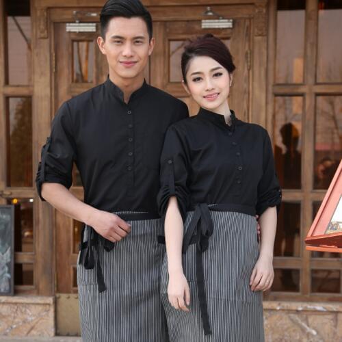 2018 Spring/Fall Hotel Work Clothing Sets Women&Men Fast Food Restaurant Waiter Uniforms Top+Apron 2pcs Western Hotel Workwear