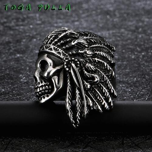 Vintage Gothic Tribe Warrior Skull Ring Mens American Native Skeleton 316L Stainless Steel Biker Rings Rock Punk Jewelry 2020
