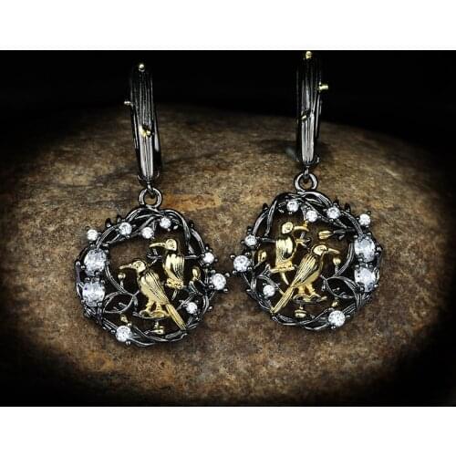 Vintage Bohemia Black Gold Drop Earring Vintage Earrings Hollow Bird Animal Dangle 925 Silver Jewelry for Women Girls