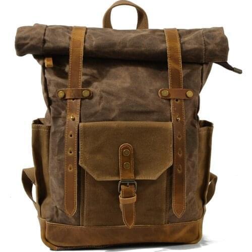 Men Women Waterproof Vintage Waxed Canvas Large Capacity Casual Leisure Travel 15.6 Inch Laptop Rucksack Pack Backpack Bag