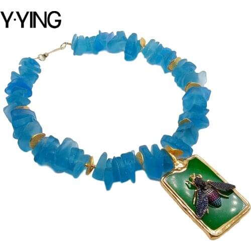 Y·YING Blue Glass Rough nugget Raw Necklace Green Jades Insect Cz pave Pendant necklace hyperbole style for women 18"