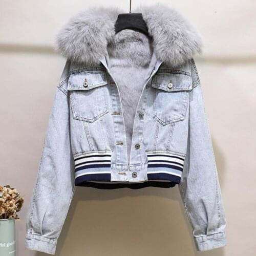 2021 autumn winter new real fox fur collar denim jacket women short Korean loose plus velvet thick warm Parkas fur coat female