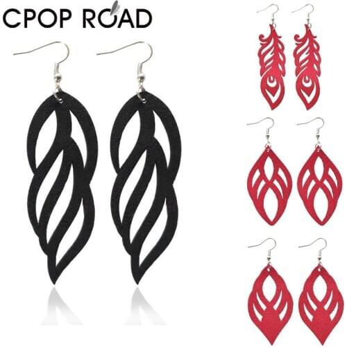 Cpop Hollow Velvet Leather Earrings for Women Trendy Geometric Black Red Leaf Water Drop Earrings Fashion Party Gift Accessories