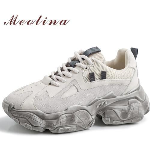 Meotina Spring Shoes Women Sneakers Natural Genuine Leather Flat Platform Shoes Casual Lace Up Round Toe Shoes Ladies Size 35-42