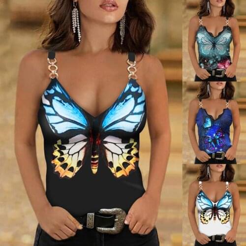Womens Fashion Sexy Realism Personalized butterfly Printed Deep V-neck Camisole Chain Top Sleeveless All-match Sexy Girls Vest