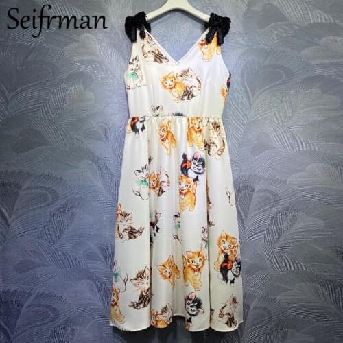 Seifrmann New 2021 Summer Women Fashion Runway Party Long Dress Bow Crystal Sexy V-Neck Cat Print Ladies A-Line Dress Vestidos