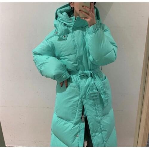 2021NEW White Duck Thick Down Coat Winter Women Casual Hooded Solid Loose Female Long Jacket Tops Lady Belt Parka