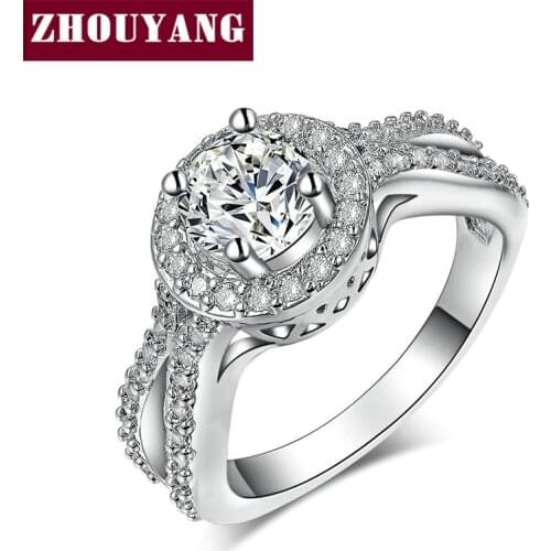 ZHOUYANG Ring For Women Elegant 4 Claws Round Cut Cubic Zirconia Crystal Silver Color Birthday Party Gift Fashion Jewelry R538