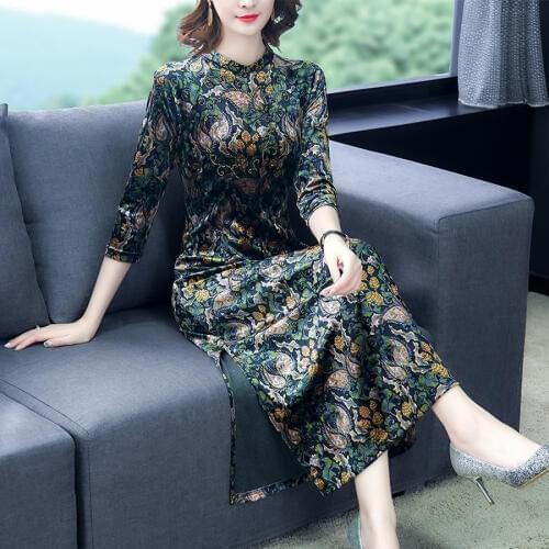 2021 Vintage Chinese Style Midi Dresses Autumn Winter 3XL Plus Size Long Sleeve Maxi Dress Elegant Women Bodycon Party Vestidos