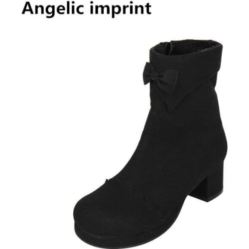Angelic imprint mori girl Women motorcycle short boots lady lolita ankle Boots woman Mid heels pumps shoes warm short plush 47