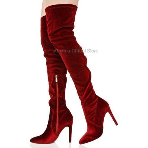 Velvet Stretch Wine Red Apricot Long Boots Gorgeous Pointed Toe Over-the-knee Thigh High Party Long Boots Nightclub Shoes