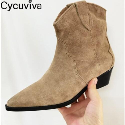 Hot Genuine Leather Suede Ankle Boots Women Quality Solid Chunky Heels Short Boots Slip On Classic Chelsea Boots Botas Femininas