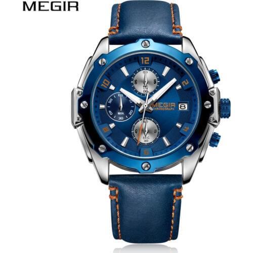 MEGIR Chronograph Men Watch Relogio Masculino Blue Leather Sport Watch Men Clock Waterproof Army Military Mens Wrist Watches
