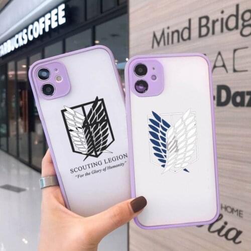 Attack On Titan Japanese Anime Phone Cases Matte transparent For Purple iPhone 12 Mini 11 Pro XR XS Max 7 8 Plus X Back Cover