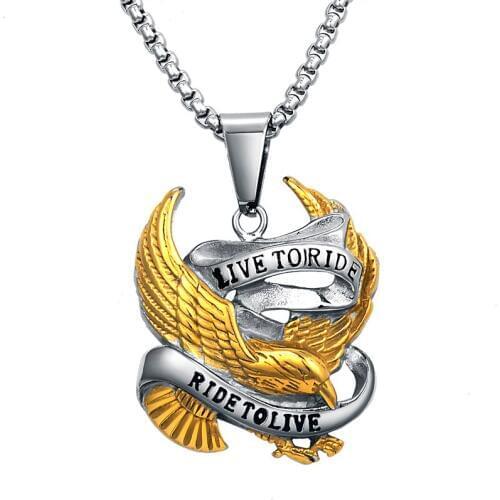 EdgLifU Men Pendant Necklace Gold Punk Biker Eagle "Live to Ride,Ride to Live" Stainless Steel Animal Necklace Jewelry