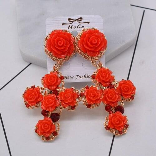 Statement Cross Earrings For Women Baroque Jewelry Luxury Classic Rose Red Flowers Drop Earring