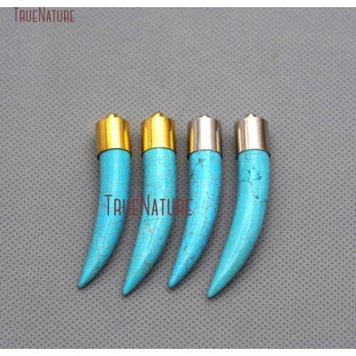 Blue Turquoises Horn Jewelry Accessory Long Horn Turquoises Gold Sliver Finish Single Bail Copper Cap In 10*59 mm PM7953