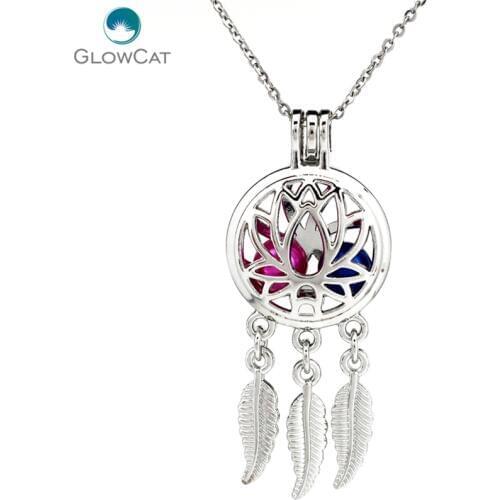 K731 Silver Alloy beauty Dream Catcher Lotus Leaf Pearl Cage Pendant Chain Aroma Essential Oil Diffuser Locket Necklace