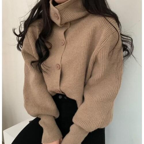 Lantern Sleeve Cardigan Sweater Loose Turtleneck Single-breasted Warm Knitted Sweaters Winter Clothes Women