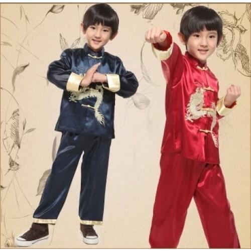 Top+ Pants Long Sleeve Dragon Boy Kung Fu Costume Chinese Traditional Costume Children Chinese Tang Folk Clothing for Party 89