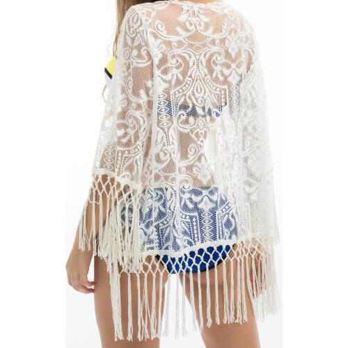 Summer Beach Blouse Women Bikini Tops Lace tunic Hollow Out Crochet Tassel Robe Cover Up Kimono Cardigan Swimsuit