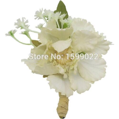 Retro Man Toastmaster Boutonniere Corsage Imitation Babys Breath Scabiosa Groomsman Buttonhole Flower for Wedding Ivory White