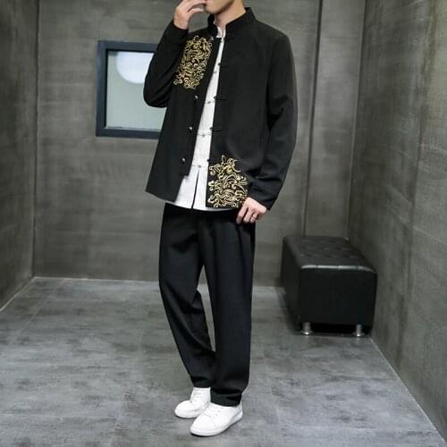 Chinese Style Mens Suit Hanfu Tang Suit Embroidery Two-piece Suit Traditional Chinese Clothing Mens Plus Size Coat + Pants