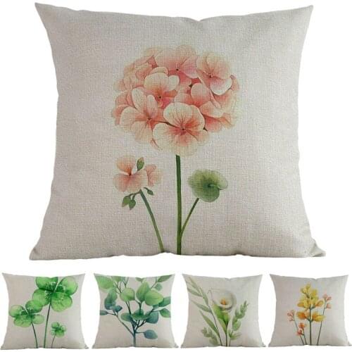 Watercolor Style Green Plants and Flowers Throw Pillow Case Nordic Simplicity Small Fresh Home Decoration Sofa Cushion Cover
