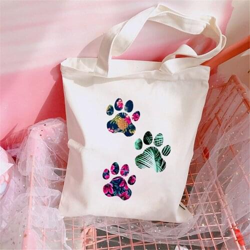 2021 New Large Capacity Love Watercolor Dog Paw Shoulder Canvas Bags Harajuku Casual Bag Fashion Cute Cartoon Handbag Women Bag