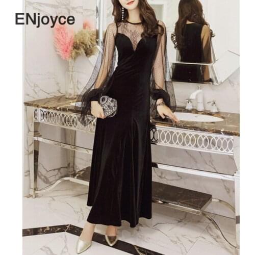 Autumn Winter Evening Long Dress Sexy V-Neck Perspective Mesh Temperament Long Sleeve Chic Velvet Warm Dresses Vestdios
