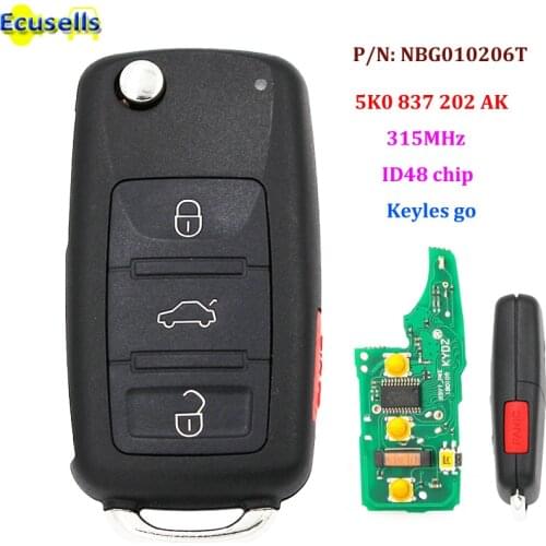 3+1/4 button Keyless-go Remote Key fob 315MHz ID48 Chip for Volkswagen 2011-2017 Models with Prox P/N: NBG010206T 5K0 837 202 AK