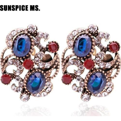 SUNSPICE MS Turkish Vintage Resin Stud Earrings For Women Bridal Jewelry Antique Gold Color Round Crystal Indian Festival Bijoux