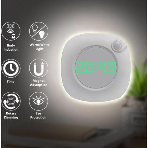 LED PIR Motion Sensor Night Light with Time Clock for Home Bedroom Stairs Wall Lamp Brightness Battery Power 2 Lighting Color