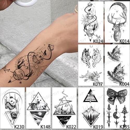 9pcs/Lot Waterproof Temporary Tattoo Sticker Black Line Mountain Ocean Wave Wolf Flash Tatoo Man Kids Body Art Fake Tatto Woman