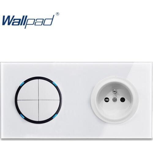 Wallpad L6 4 Gang 2 Way Switch with French Wall Socket Electric Power Outlet White Tempered Glass Panel Frame 172 by 86 Size