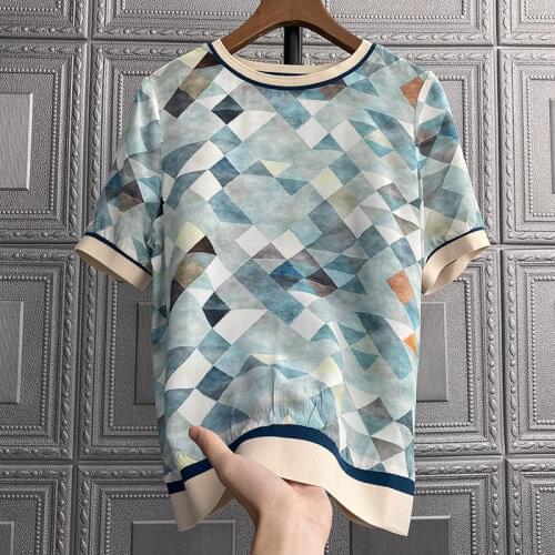 Women Blouse Ladies Tops Collar printed mulberry silk round neck short-sleeved silk shirt women