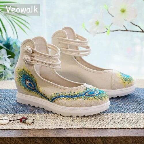 Veowalk New Fashion Handmade Feathers Cotton Embroidery Slope With The Increase Shoes Womens Casual Mary Janes Pump Shoes