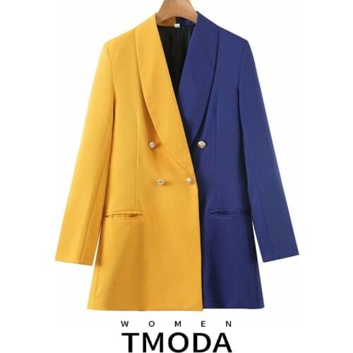 TMODA1914 2021 Autumn Women Fashion Blue Yellow Patchwork Loose Blazer Female Splicing Temperament Double Breasted Jackets Suits