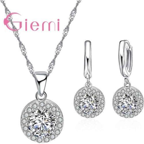 Hot Wholesale Fashion Round CZ Jewelry Set 925 Sterling Silver Pendant Necklace And Earrings For Women Gift Sets