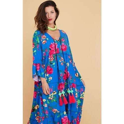 Floral Pattern Long Tasseled Ethnic Boho Dress For Women 2021 Elegant Fashion Clothing Plus Size Options Xs-5xl
