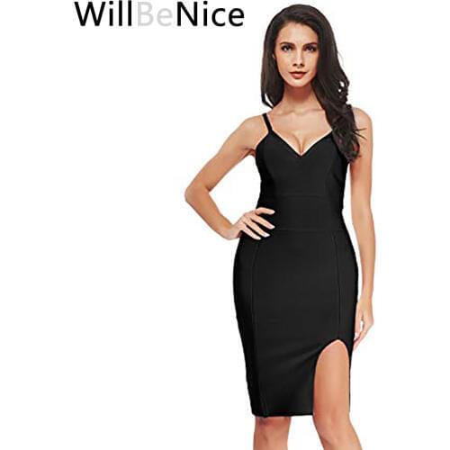WillBeNice Classic Dress Sexy Bodycon Party Dress Women V Neck Side Split Dresses 2019 Fashion Bandage Dress Sexy And Club