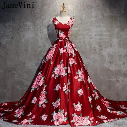 JaneVini 2020 Floral Printed Quinceanera Dresses Sweet Sixteen Vintage Ball Gown Court Train Satin Prom Gowns verkleedkleding