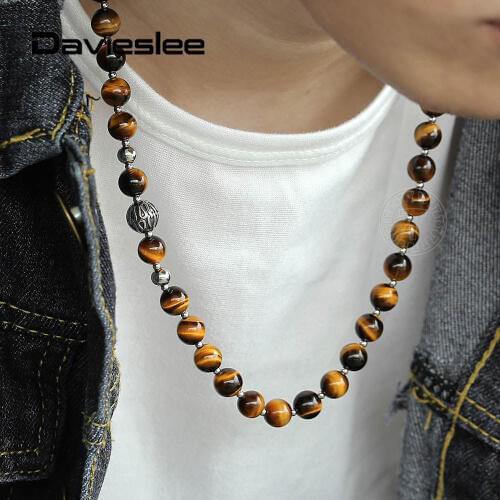 8mm Natural Tiger Eyes Stone Glass Bead Necklace for Men Women Stainless Steel Bead Charm Choker Necklace Jewelry Gift 22" DNM23