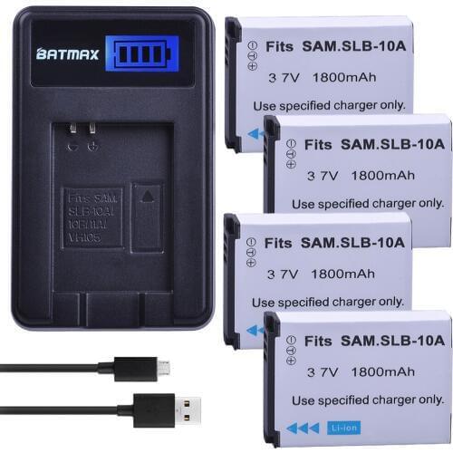 Batmax 4pc 1800mAh SLB-10A SLB10A Li-ion Camera Battery+LCD USB Charger for Samsung P800 P1000 PL50 PL51 PL55 SL420 SL502 SL620
