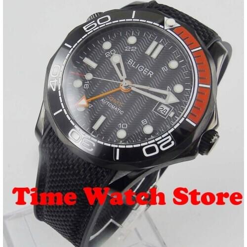 Bliger 41mm GMT 3804 PVD case automatic mens watch sapphire glass black dial luminous ceramic bezel waterproof deployant 3