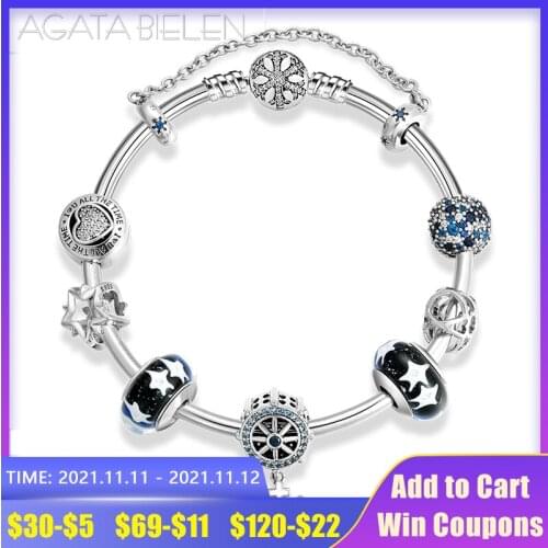 925 Sterling Silver Romantic Charm Snake bone chain Bracelets Blue Starry glass beads Charms Anchor Pendant Bracelet Jewelry