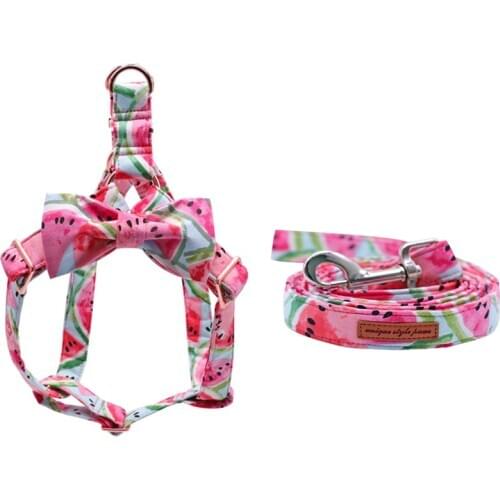 Cotton Watermelon Dog Harness with Bowtie and Basic Dog Leash Adjustable Buckle Pet Supplies